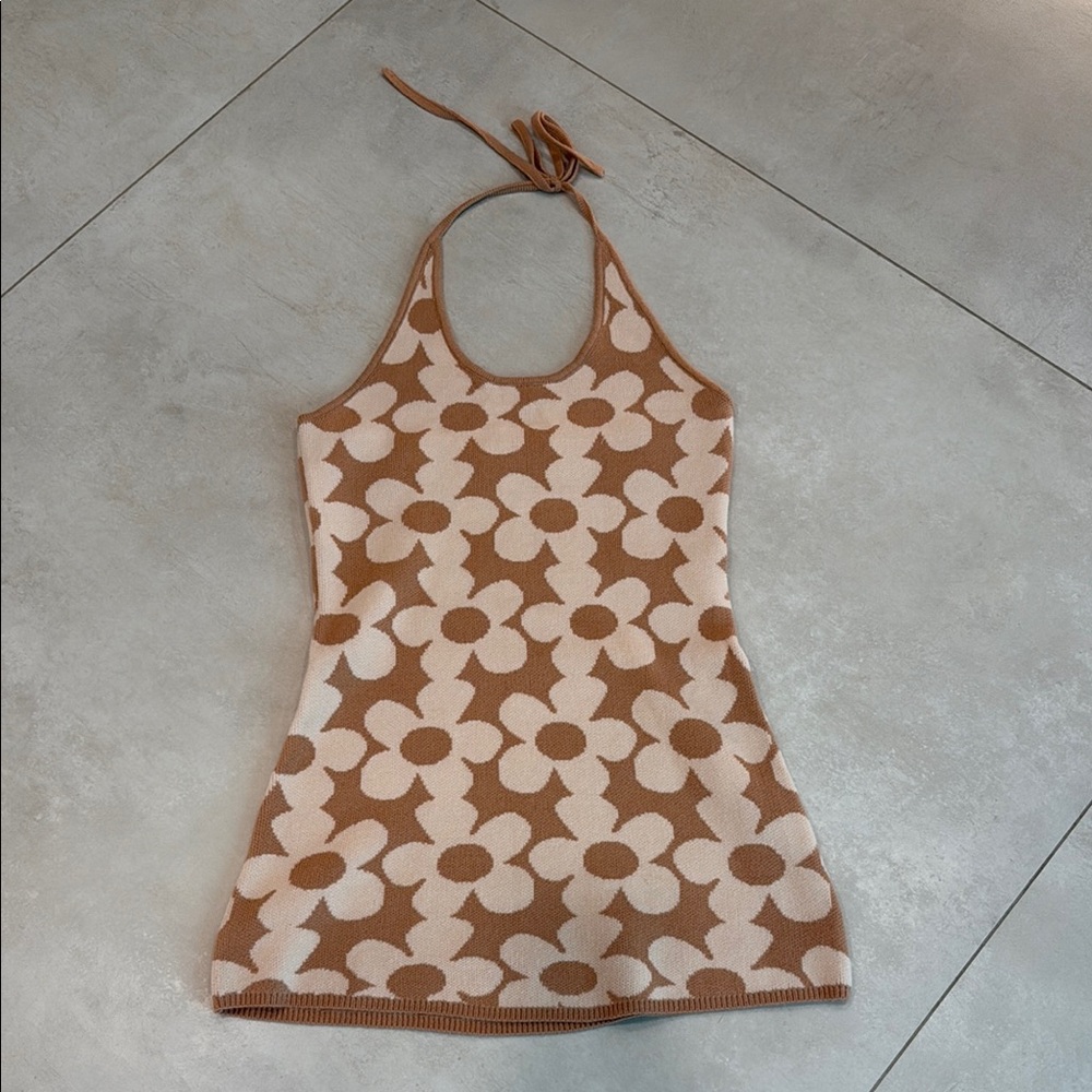 Pink Lily Floral Halter Mini Dress - Brown and Cream